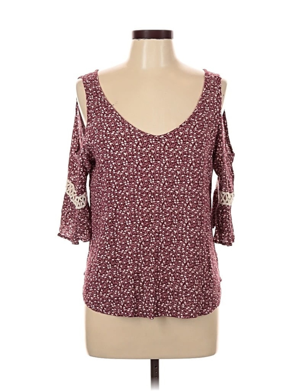 Boho Burgundy Floral Open Shoulder Blouse Top 3/4th sleeve